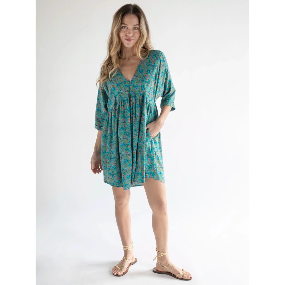 Natural Life | Stella V-Neck Dress Plus Size XL Turquoise Ditsy Vines Floral